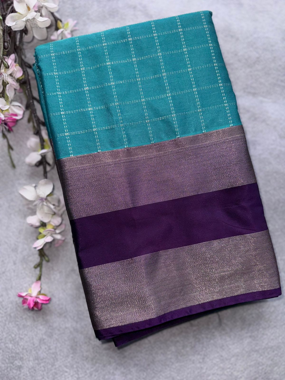 Sea Greeen Checks Semi Silk Saree 109