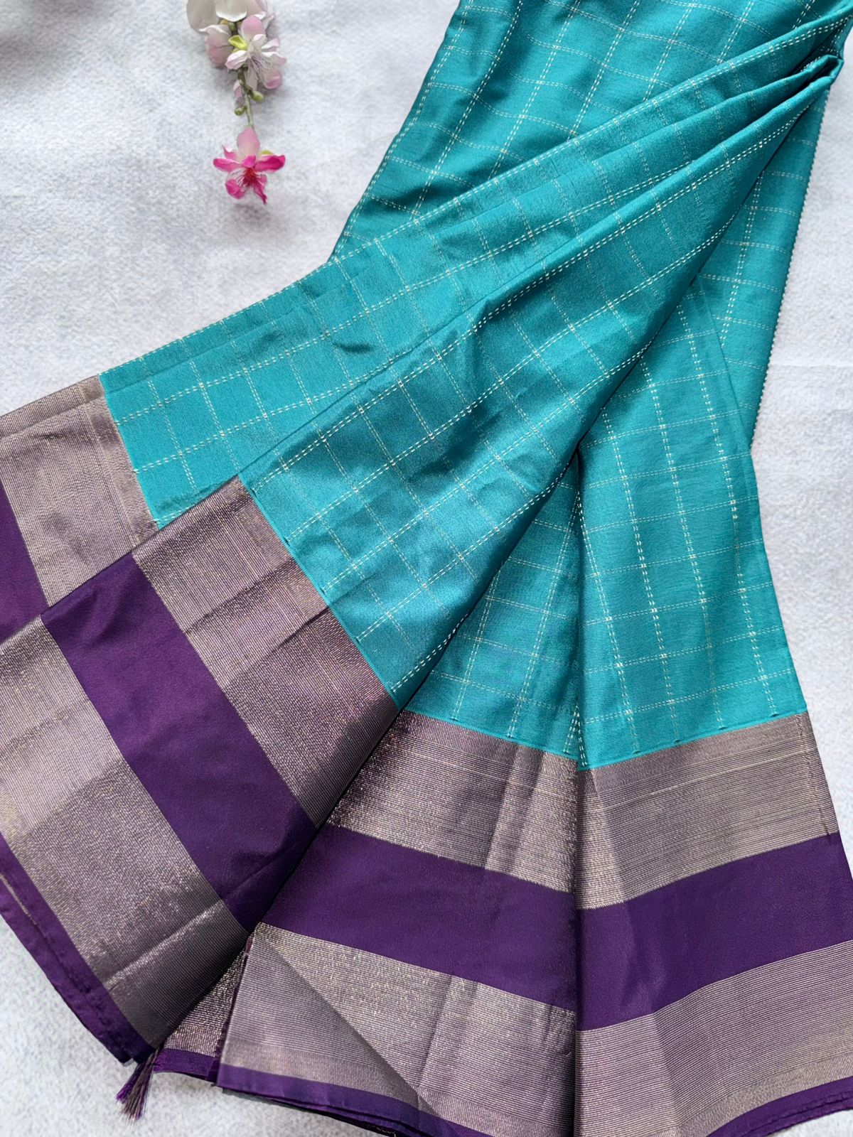 Sea Greeen Checks Semi Silk Saree 109