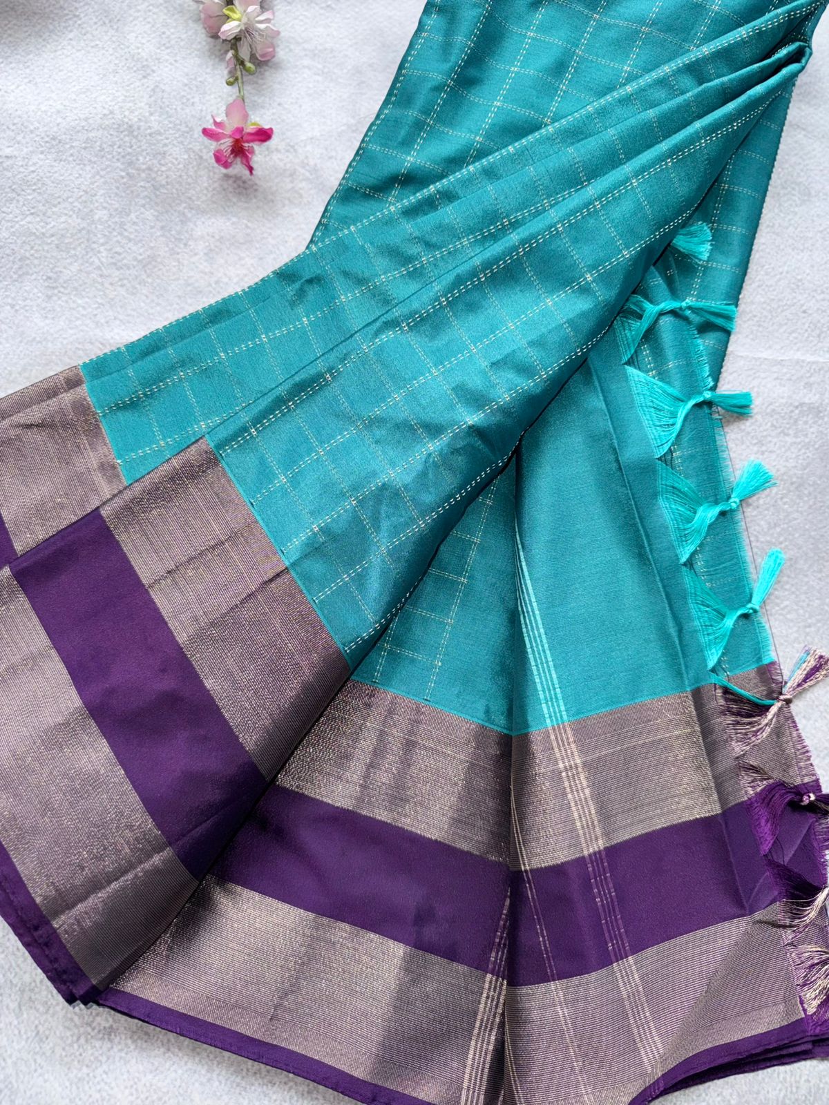 Sea Greeen Checks Semi Silk Saree 109