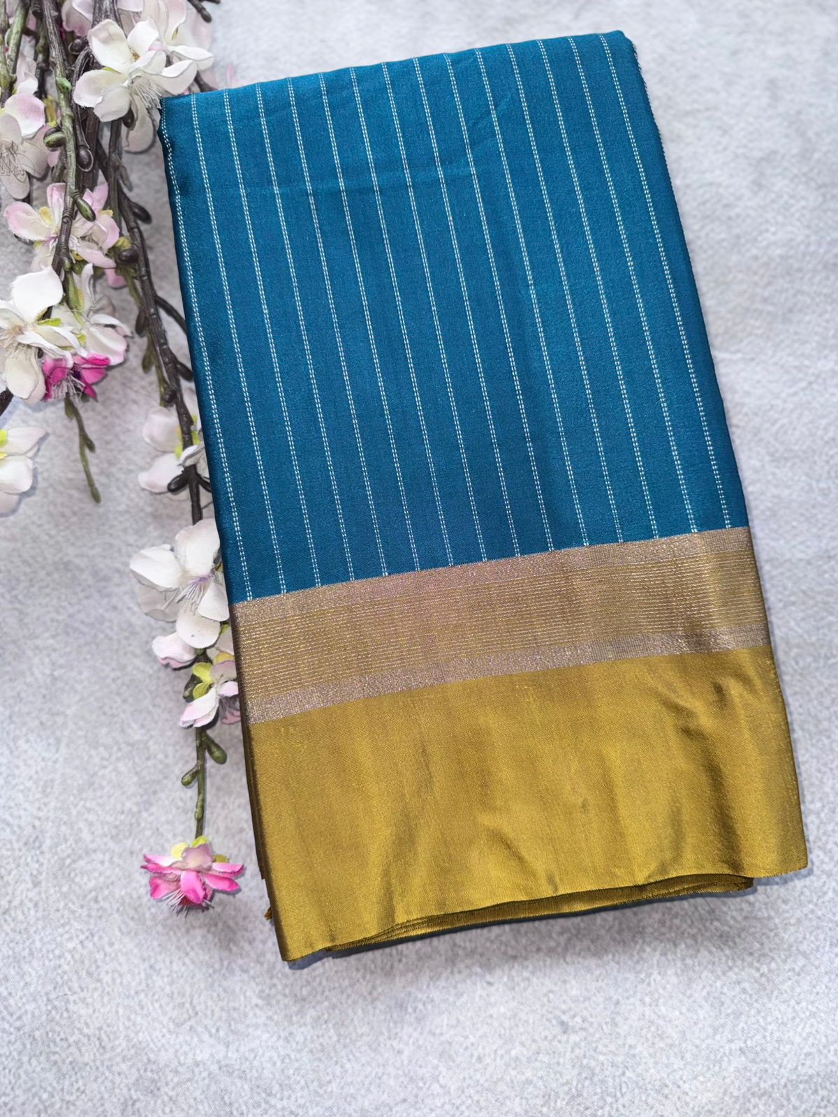 Peacock Blue Stripes Semi Silk Saree 109