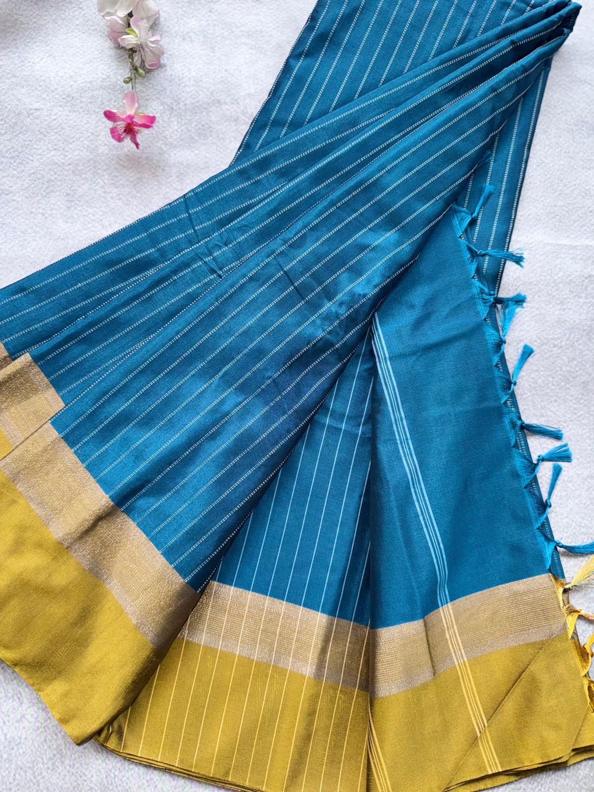 Peacock Blue Stripes Semi Silk Saree 109