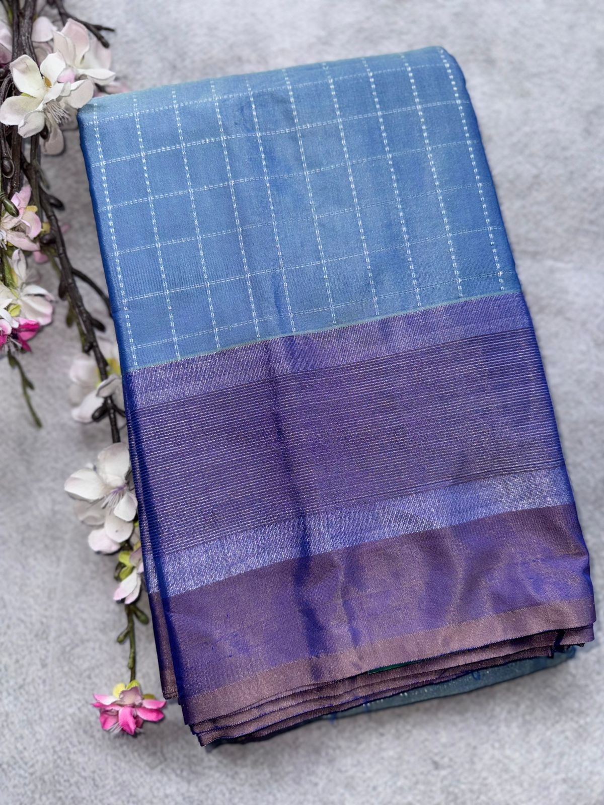 Pastel Blue Checks Semi Silk Saree 109