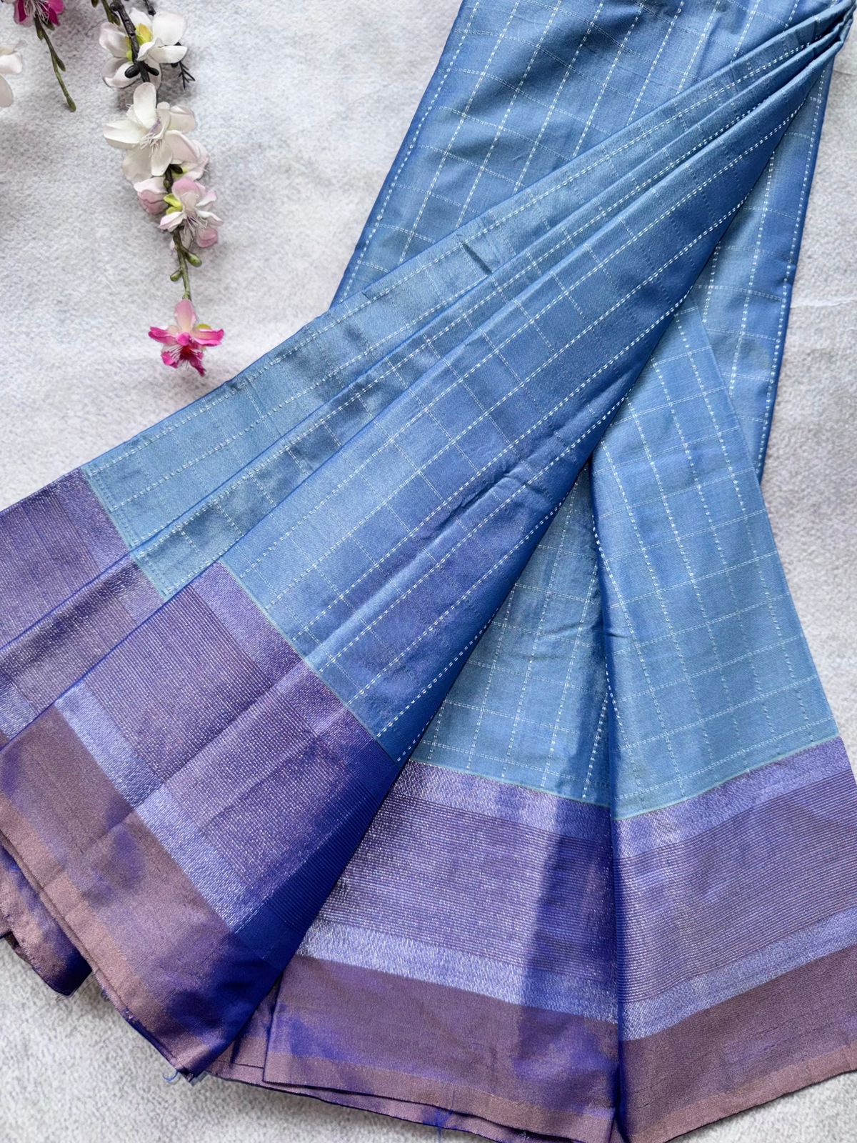 Pastel Blue Checks Semi Silk Saree 109
