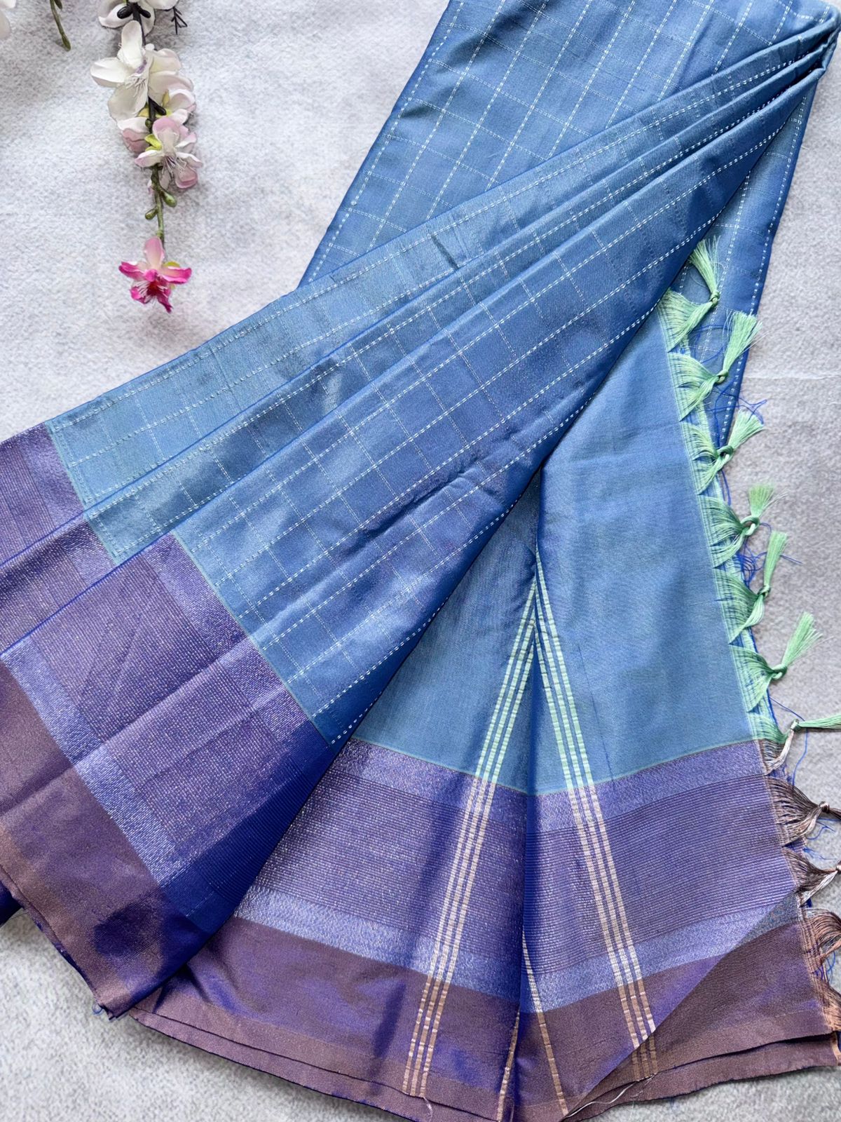 Pastel Blue Checks Semi Silk Saree 109