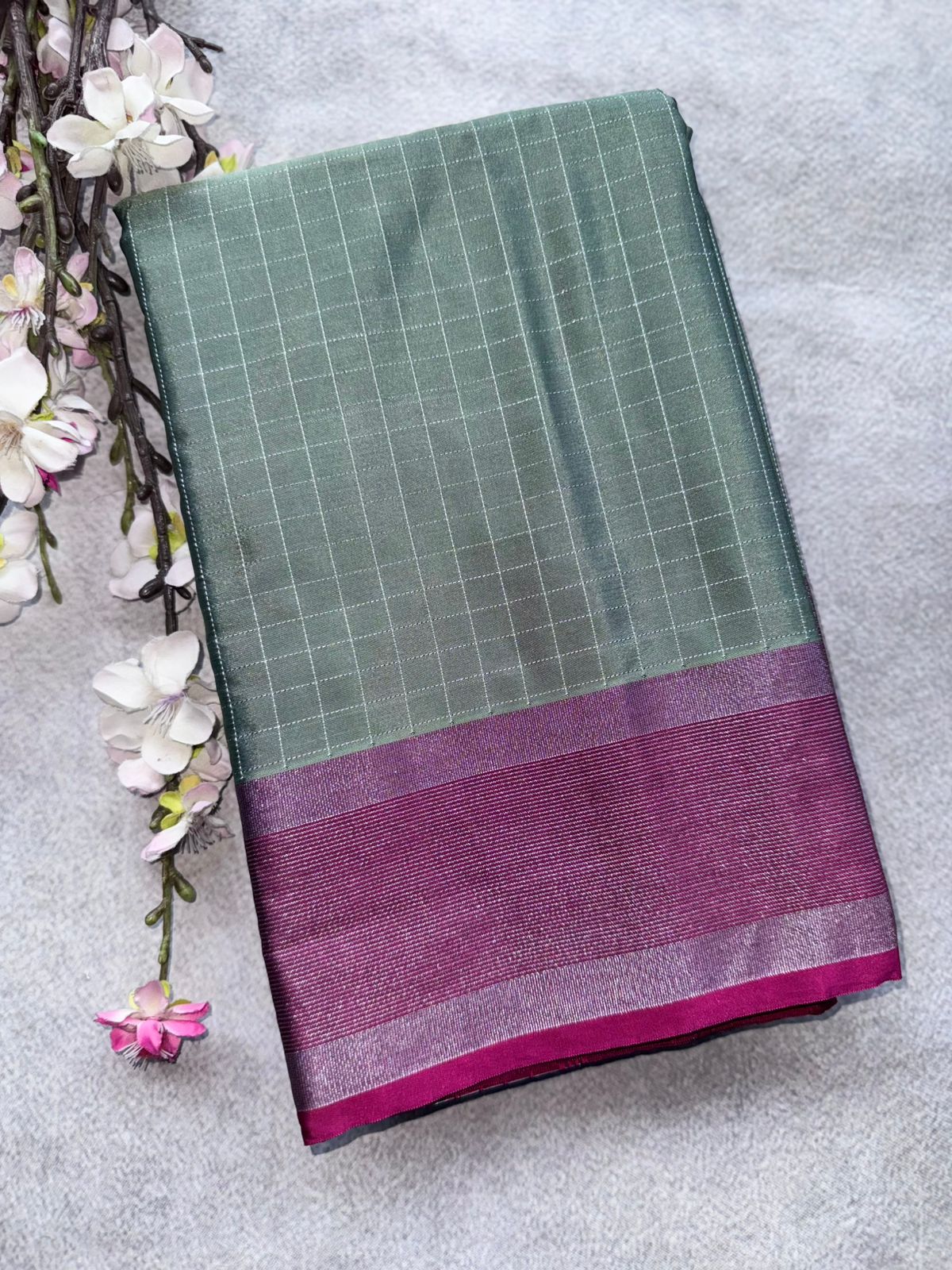 Pastel Olive Checks Semi Silk Saree 109
