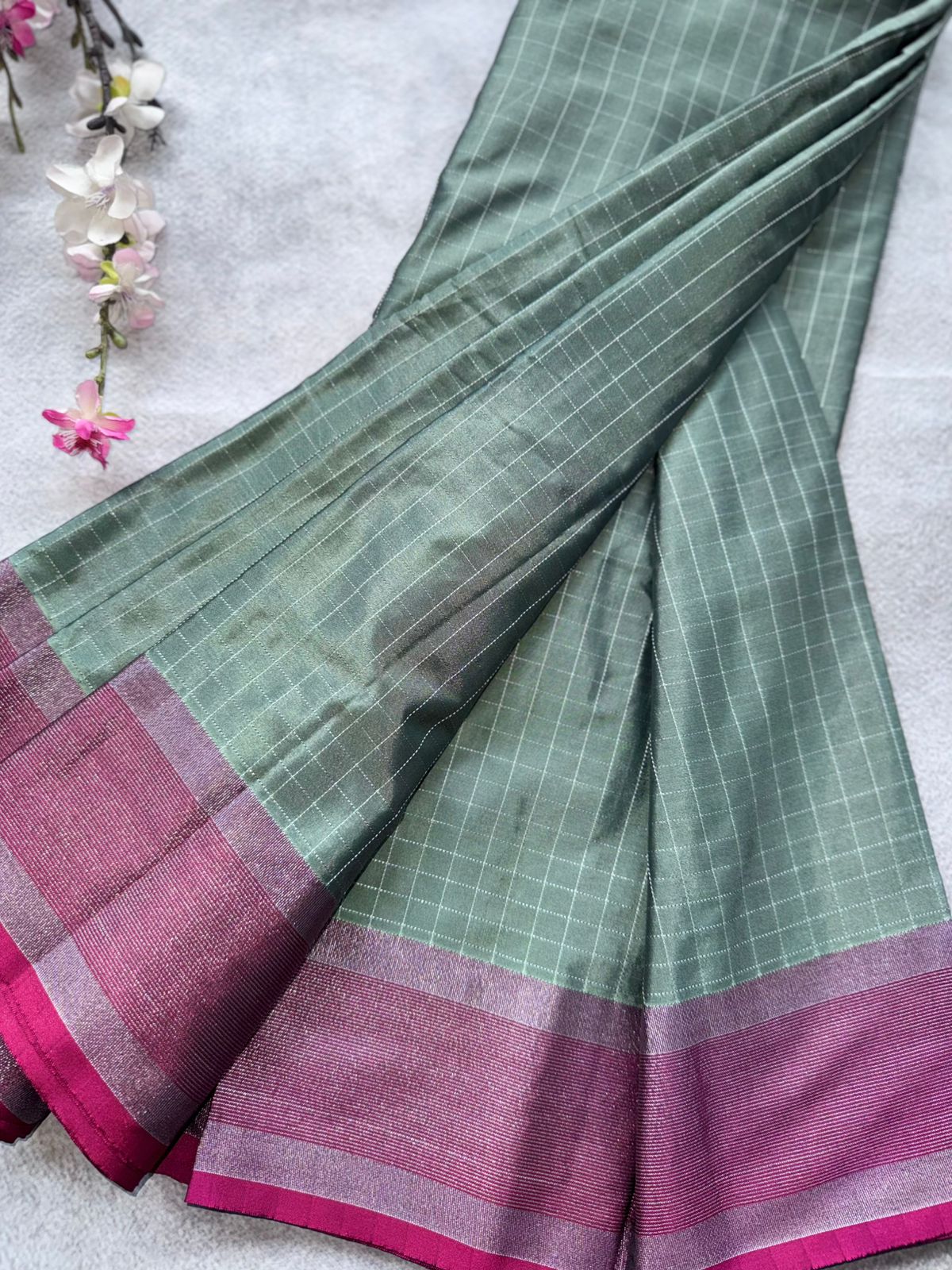 Pastel Olive Checks Semi Silk Saree 109