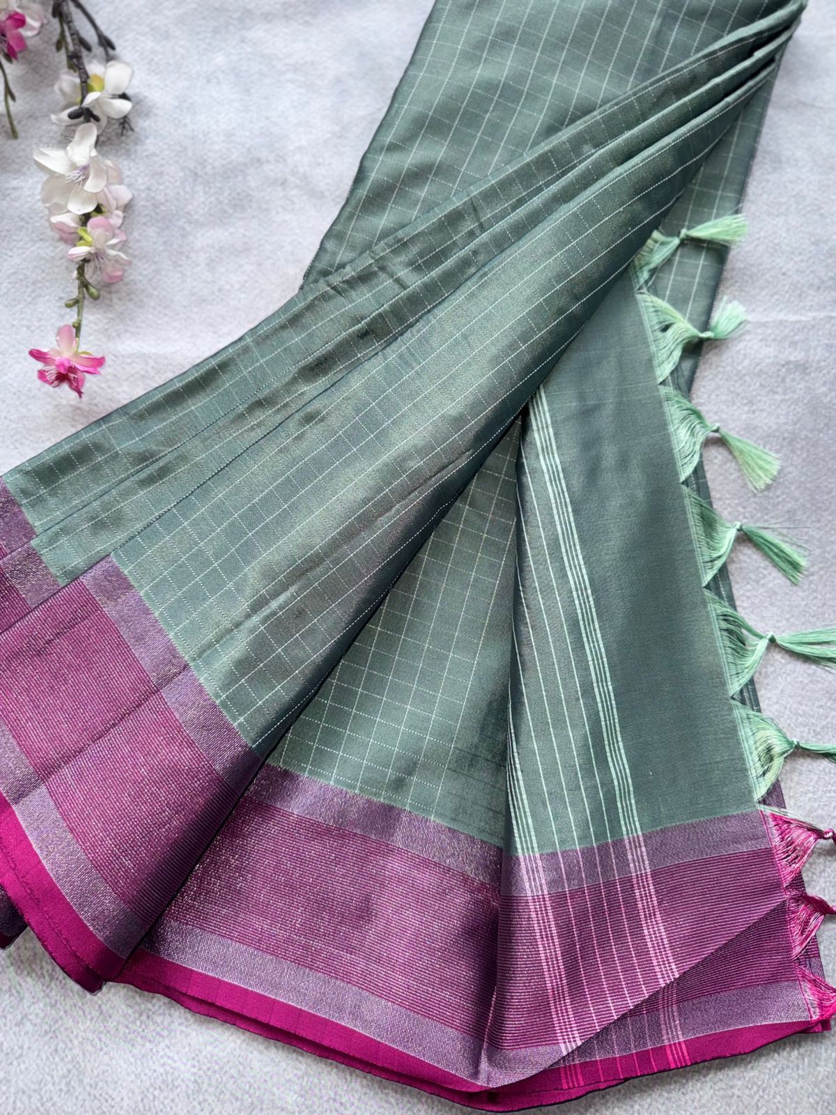 Pastel Olive Checks Semi Silk Saree 109