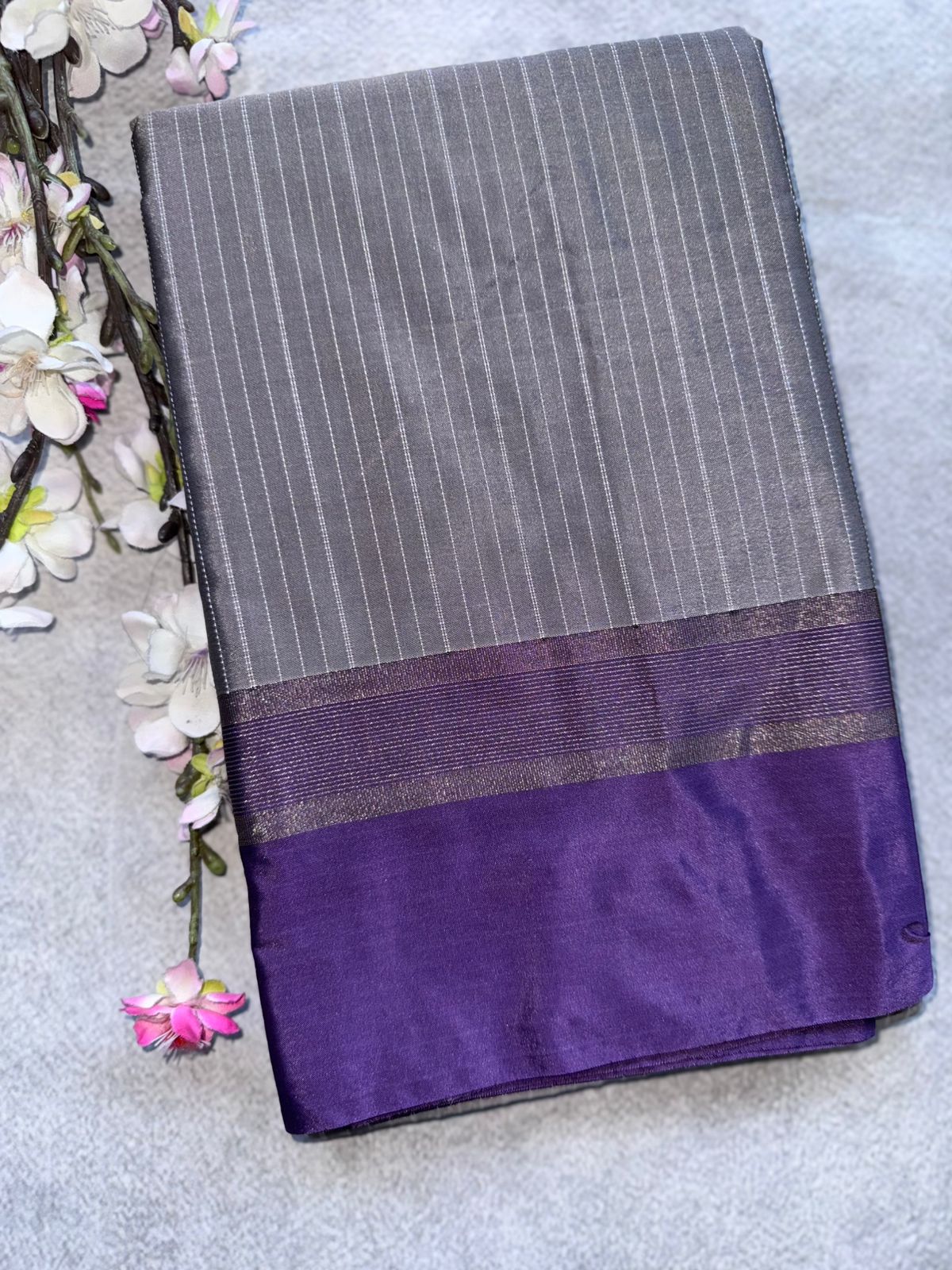 Grey Stripes Semi Silk Saree 109