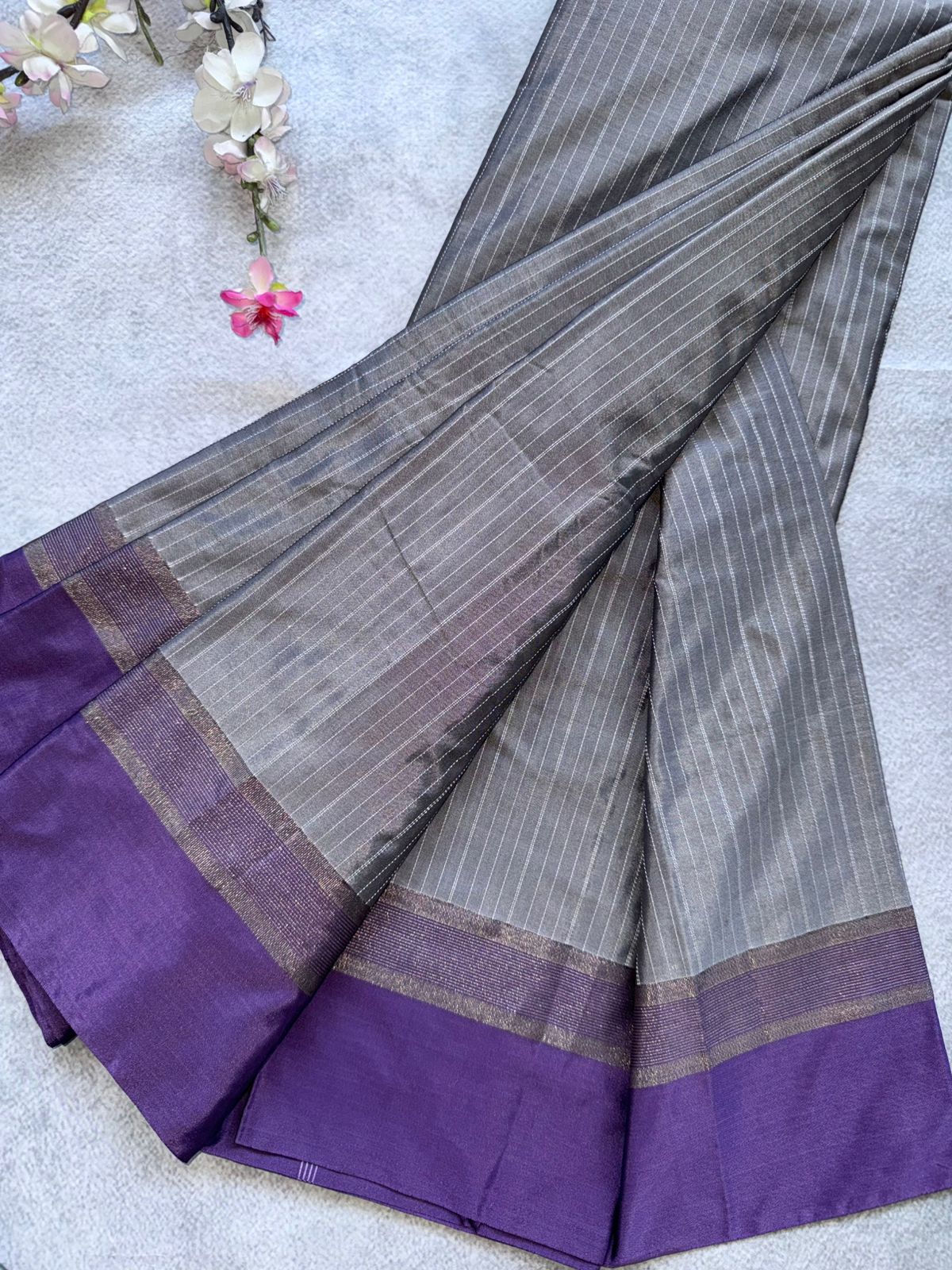 Grey Stripes Semi Silk Saree 109