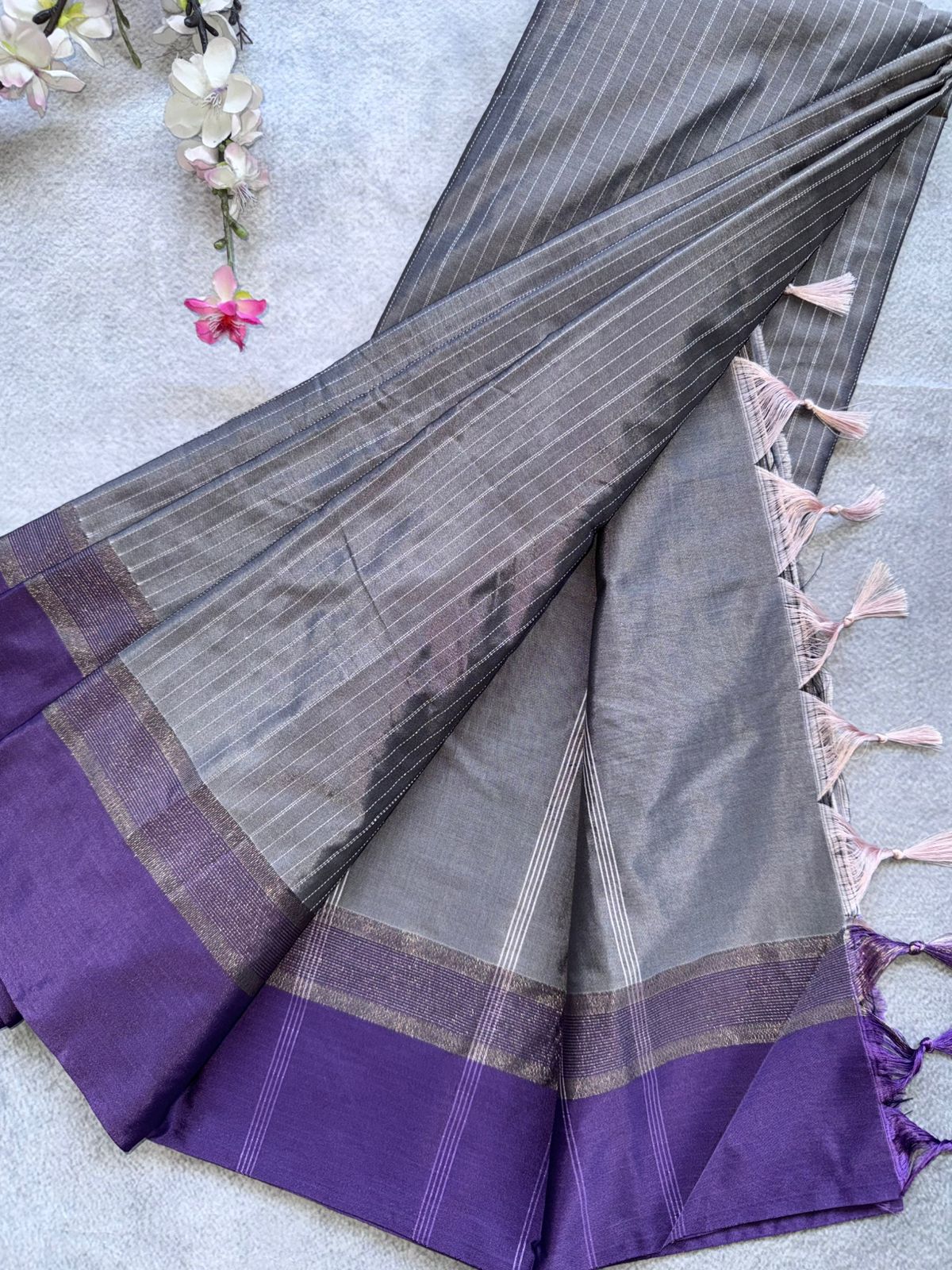 Grey Stripes Semi Silk Saree 109