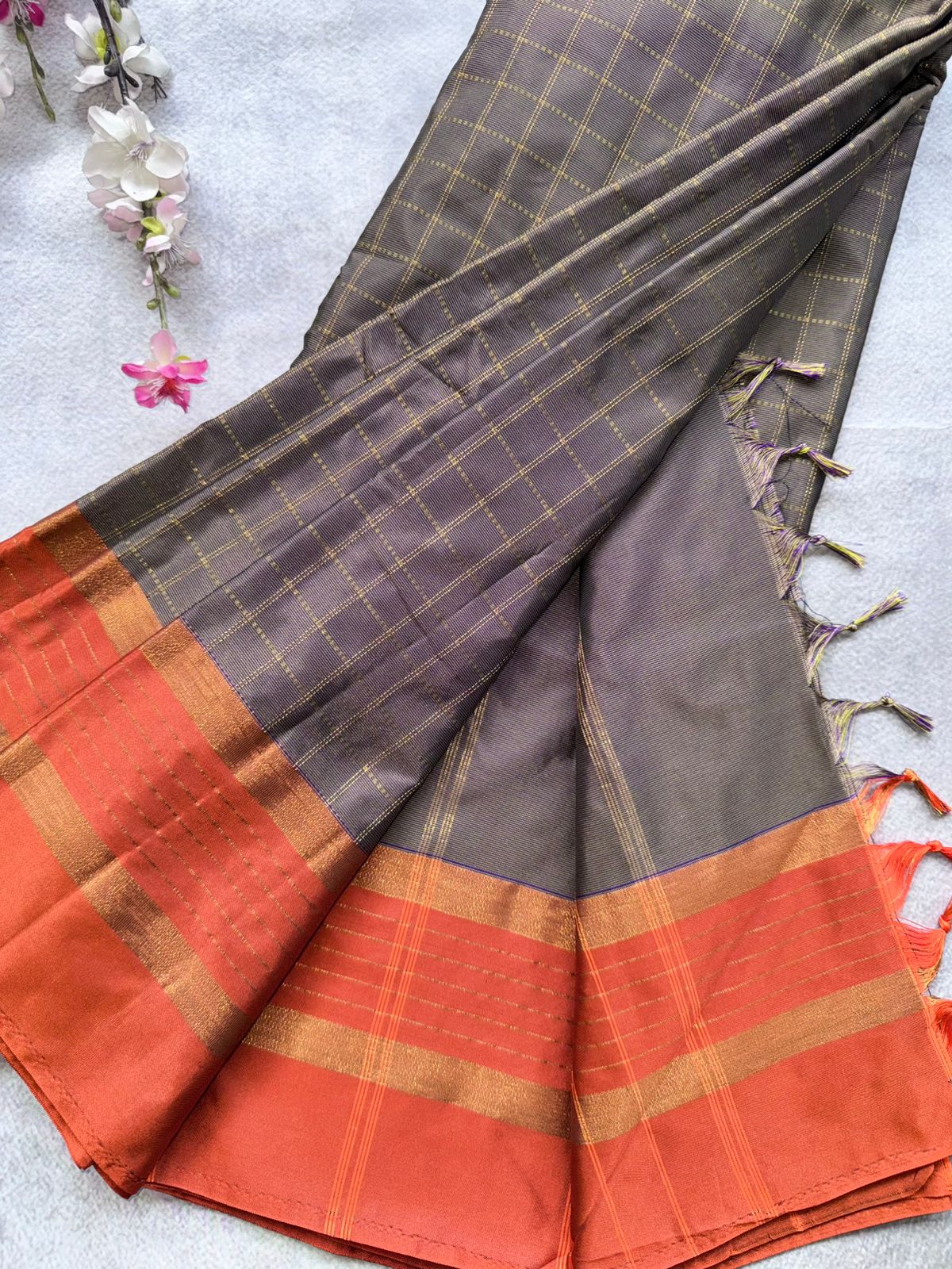 Grey Checks Semi Silk Saree 109