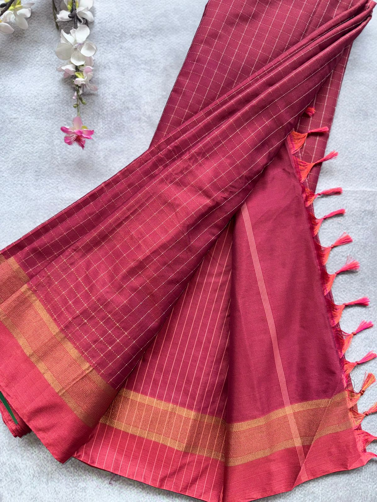Red Checks Semi Silk Saree 109