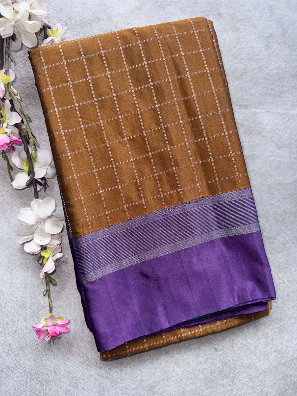 Copper Brown Checks Semi Silk Saree 109