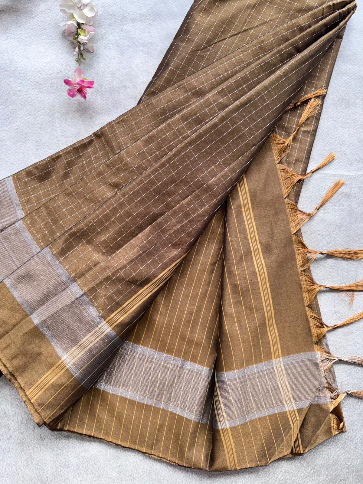Copper Brown Checks Semi Silk Saree 109