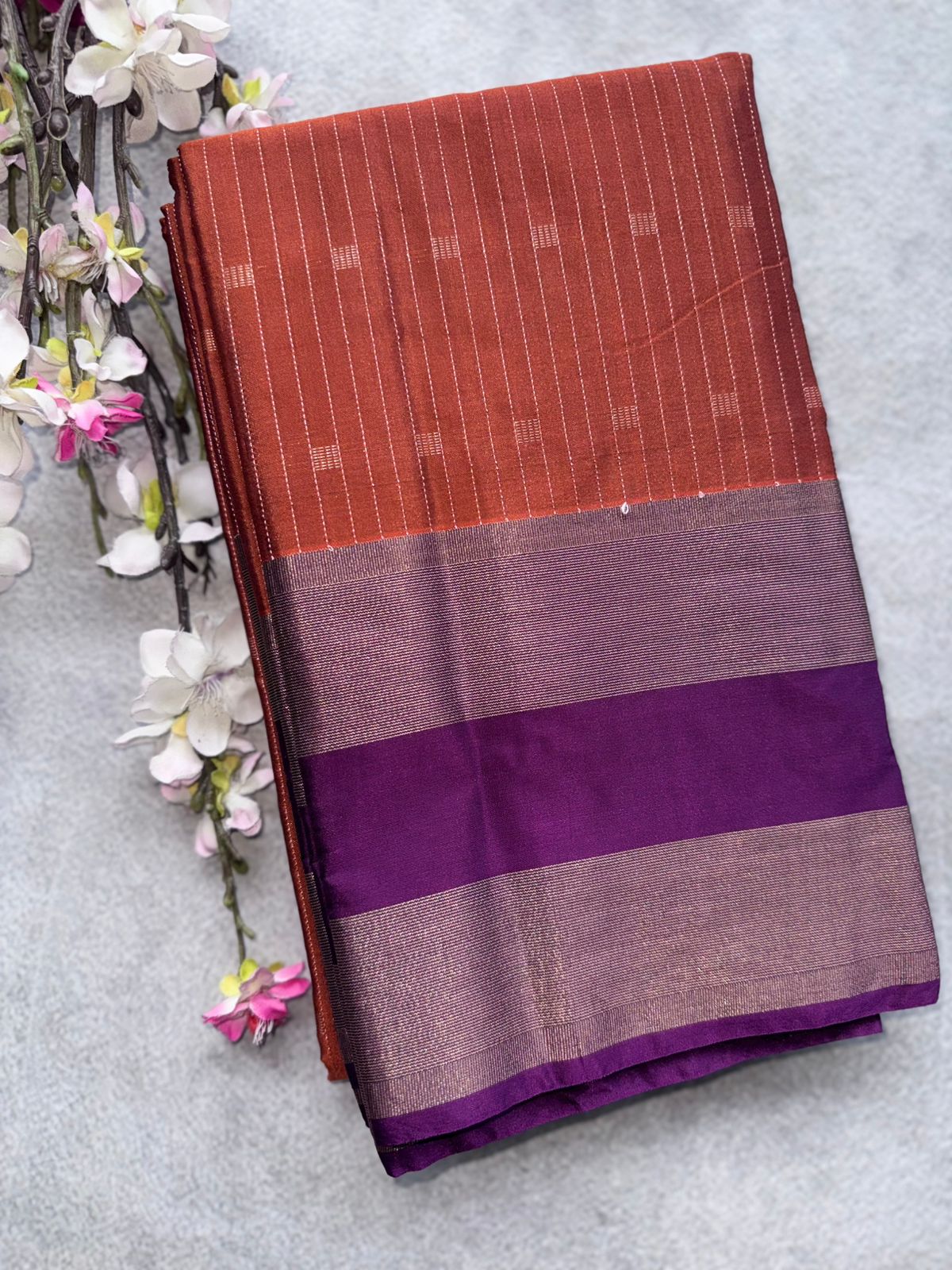 Rust Orange Stripes Semi Silk Saree 109