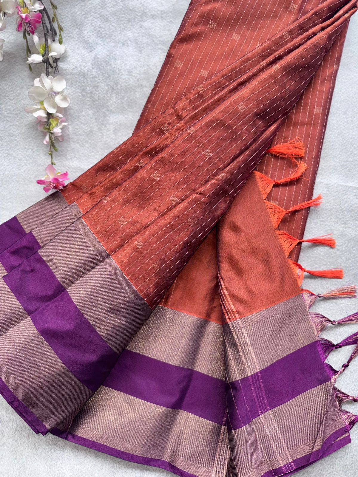 Rust Orange Stripes Semi Silk Saree 109