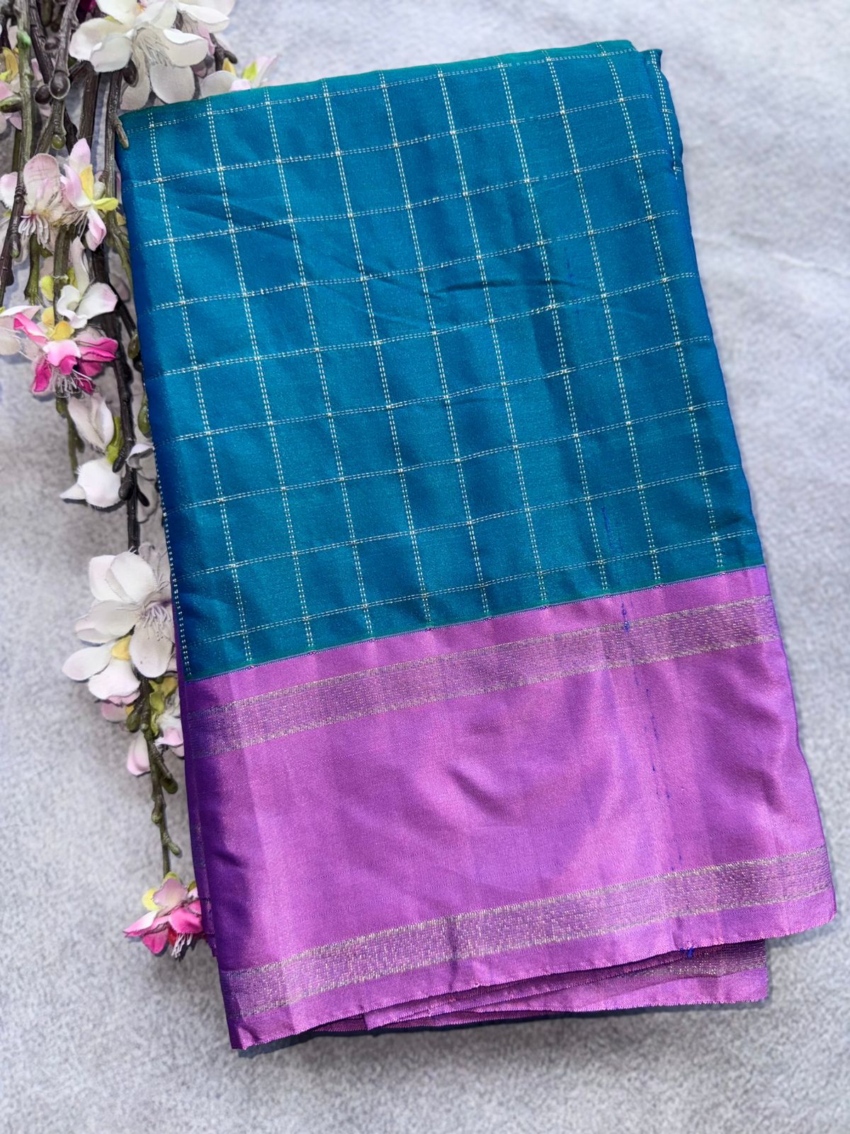 Peacock Blue Checks Semi Silk Saree 109