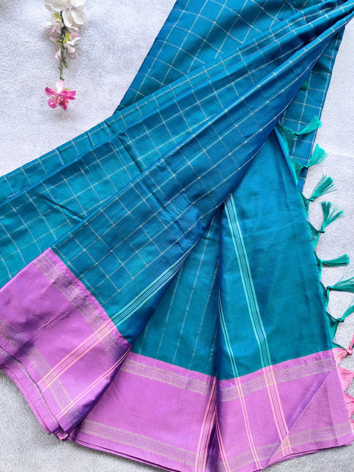 Peacock Blue Checks Semi Silk Saree 109