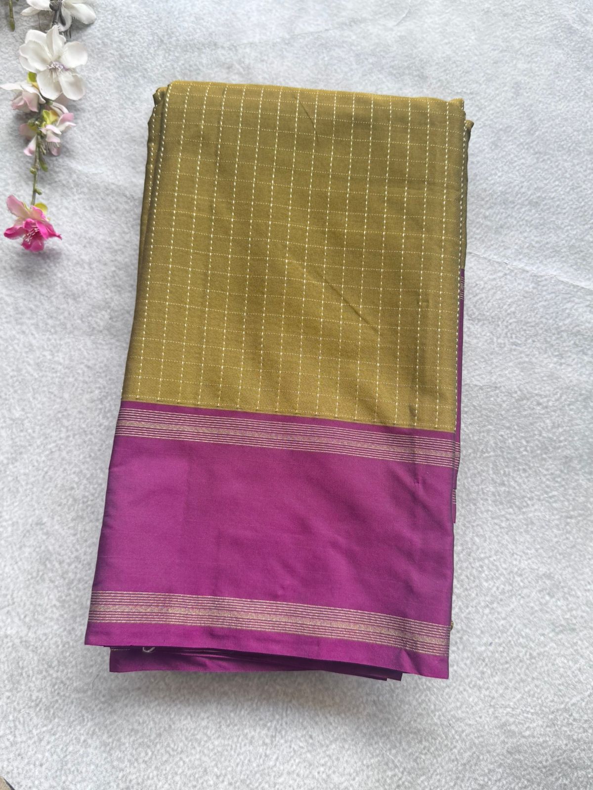 Olive Gold Checks Semi Silk Saree 109