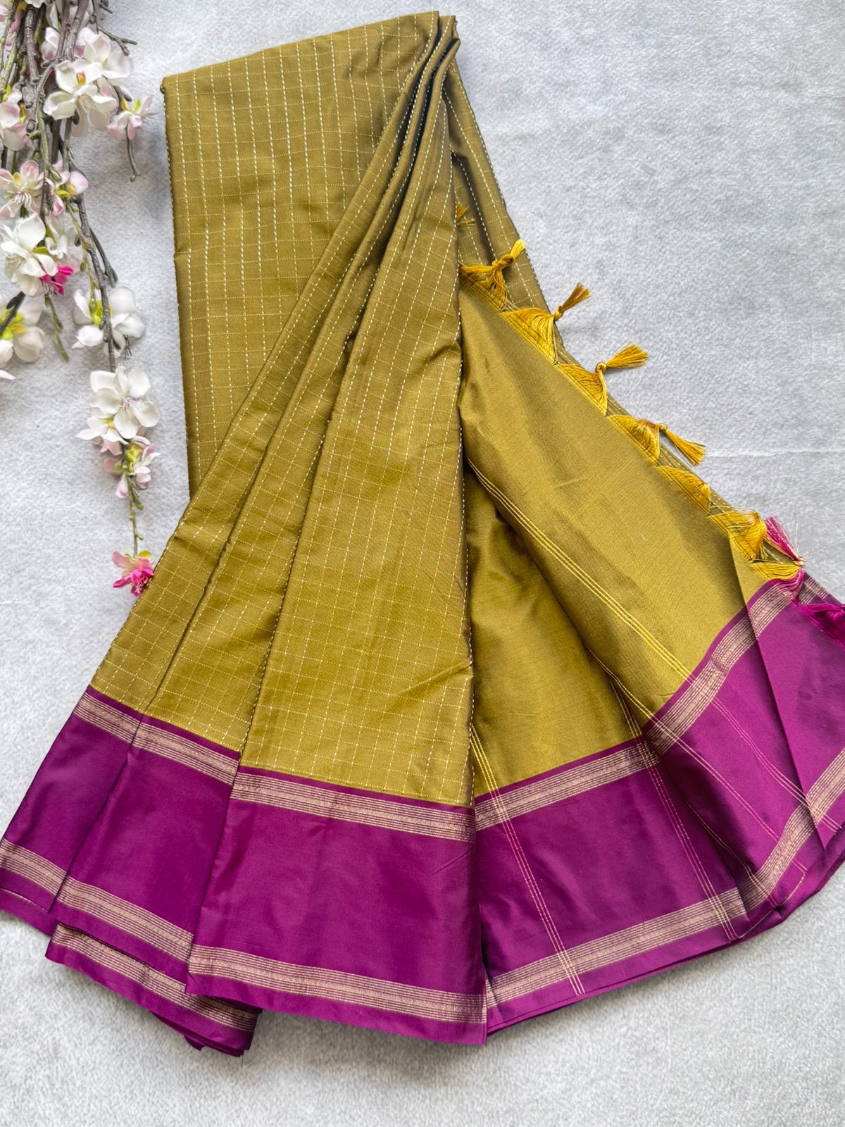 Olive Gold Checks Semi Silk Saree 109