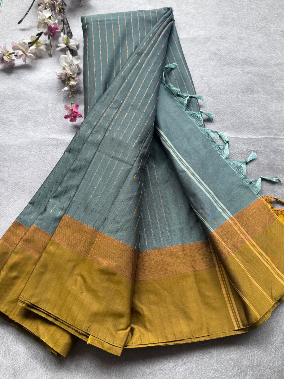 Sage Blue Stripes Semi Silk Saree 109