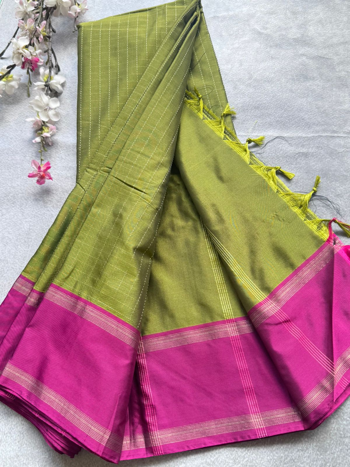 Mehandi Green Checks Semi Silk Saree 109