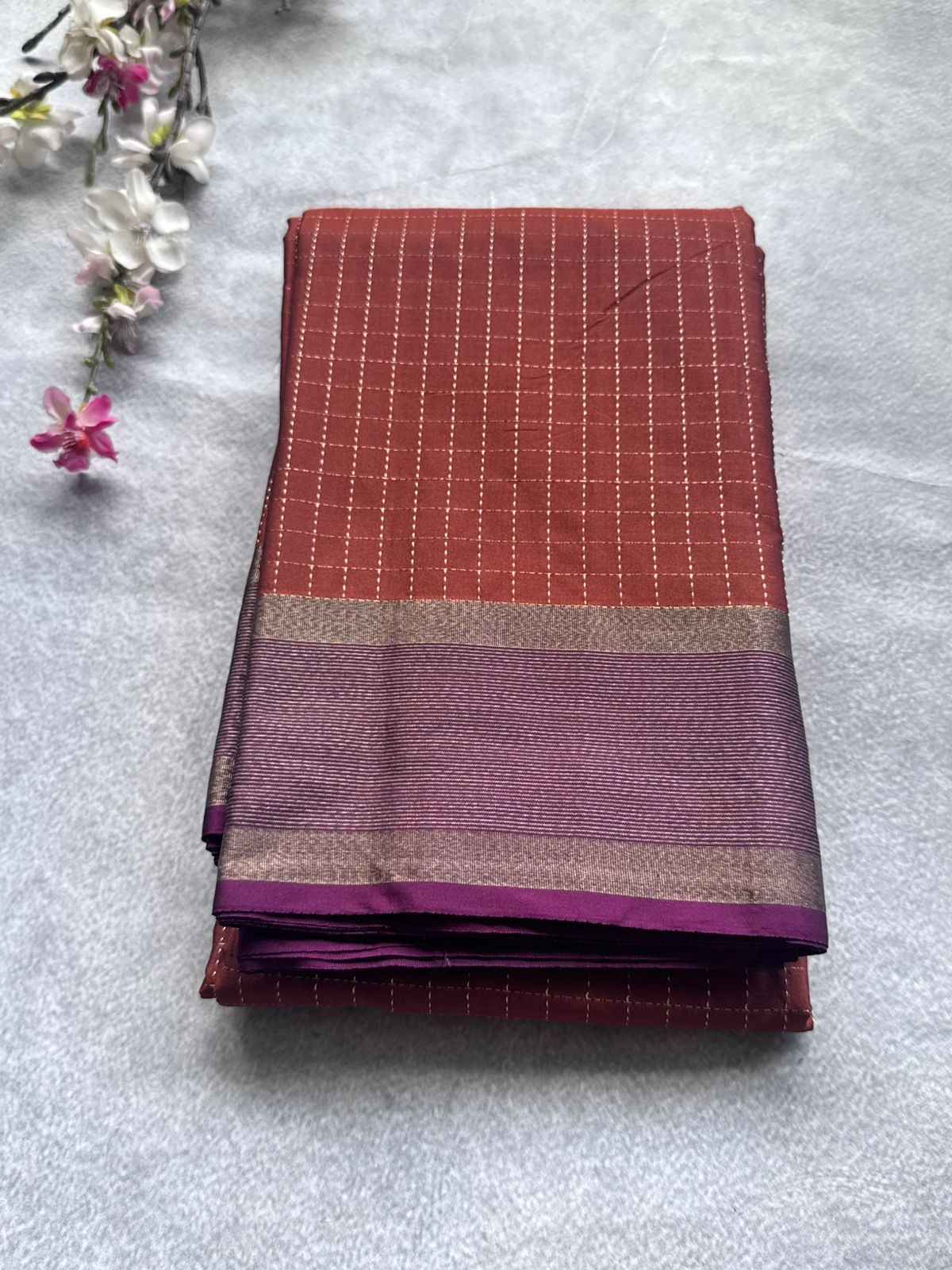 Rust Orange Checks Semi Silk Saree 109