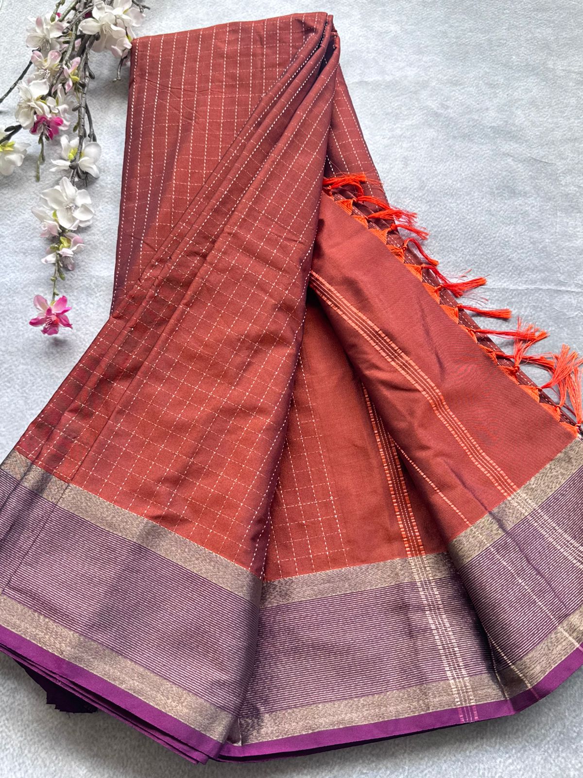 Rust Orange Checks Semi Silk Saree 109
