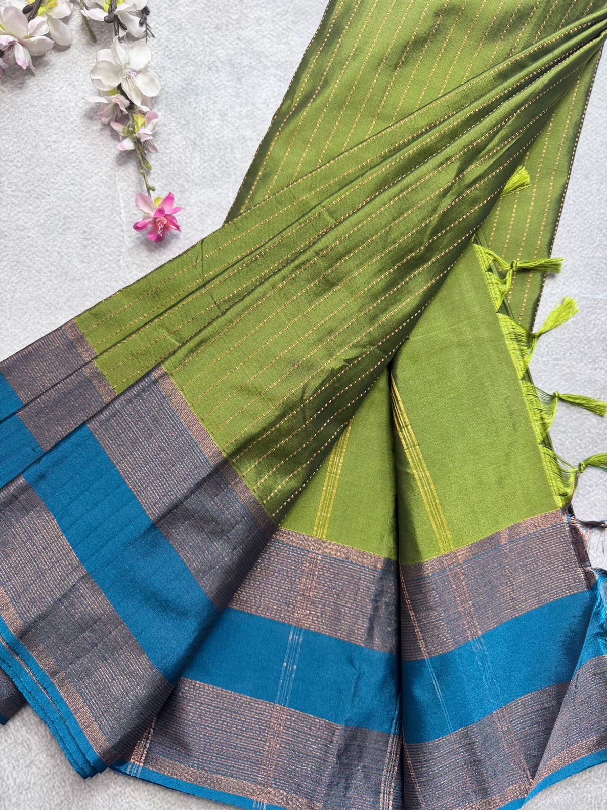 Green Stripes Semi Silk Saree 109