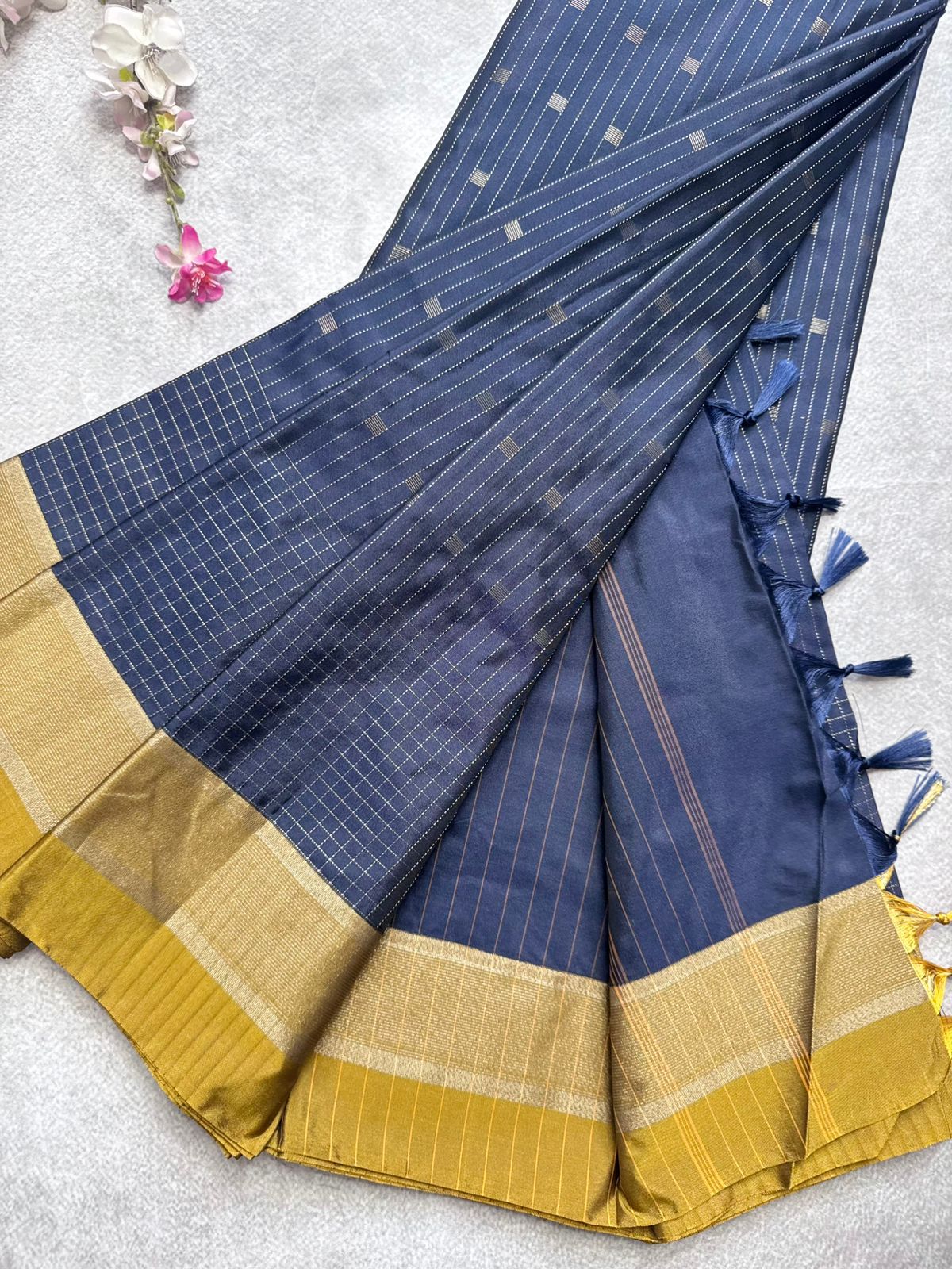 Navy Blue Stripes Semi Silk Saree 109
