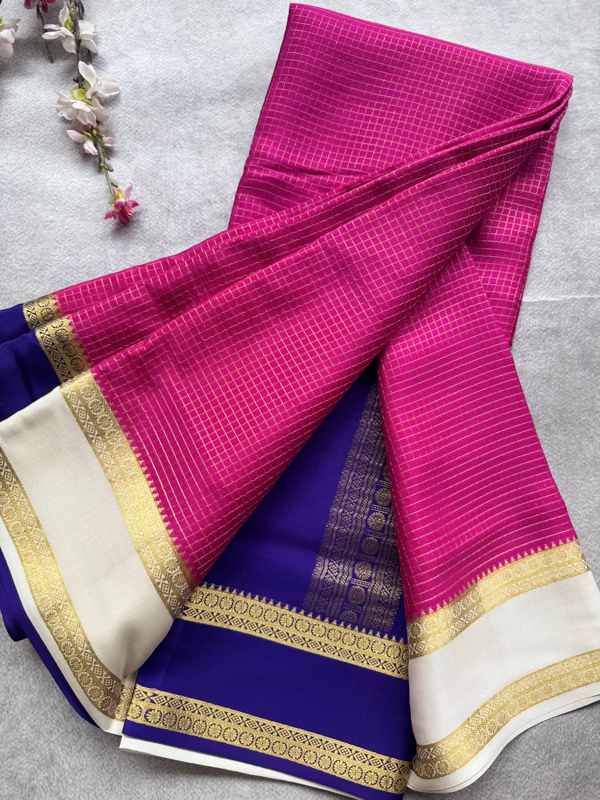 Magenta GJ Checks Pure Mysore Crepe Silk Saree 109