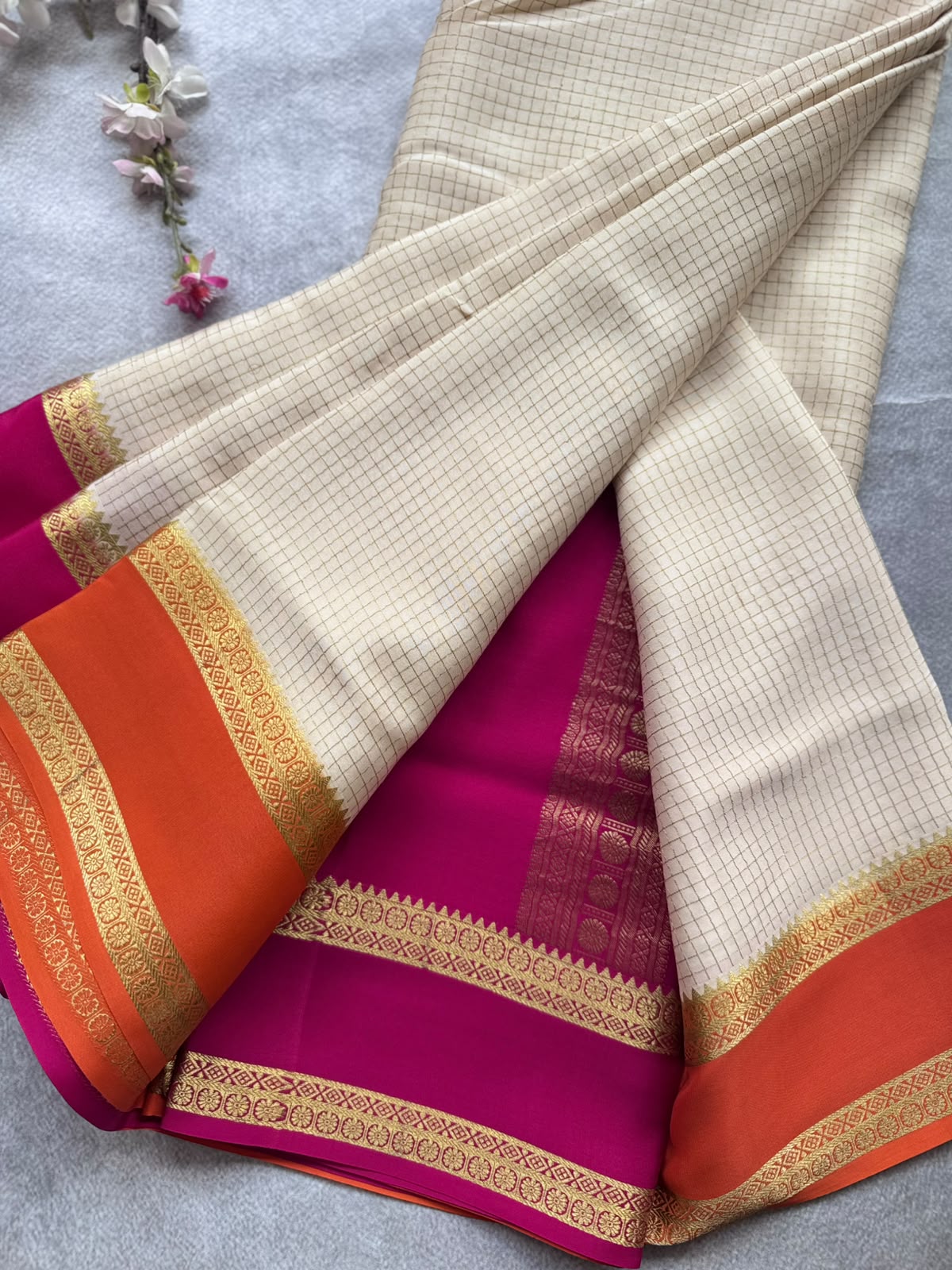 Cream GJ Checks Pure Mysore Crepe Silk Saree 109