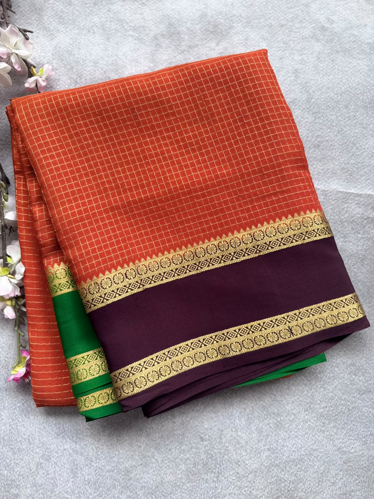 Orange GJ Checks Pure Mysore Crepe Silk Saree 109