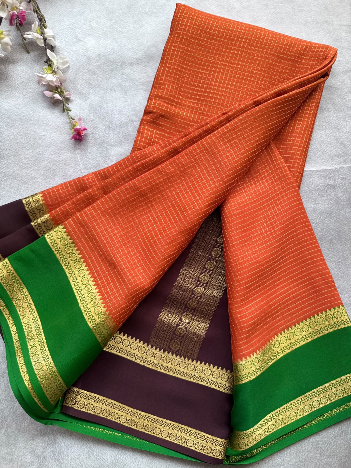 Orange GJ Checks Pure Mysore Crepe Silk Saree 109