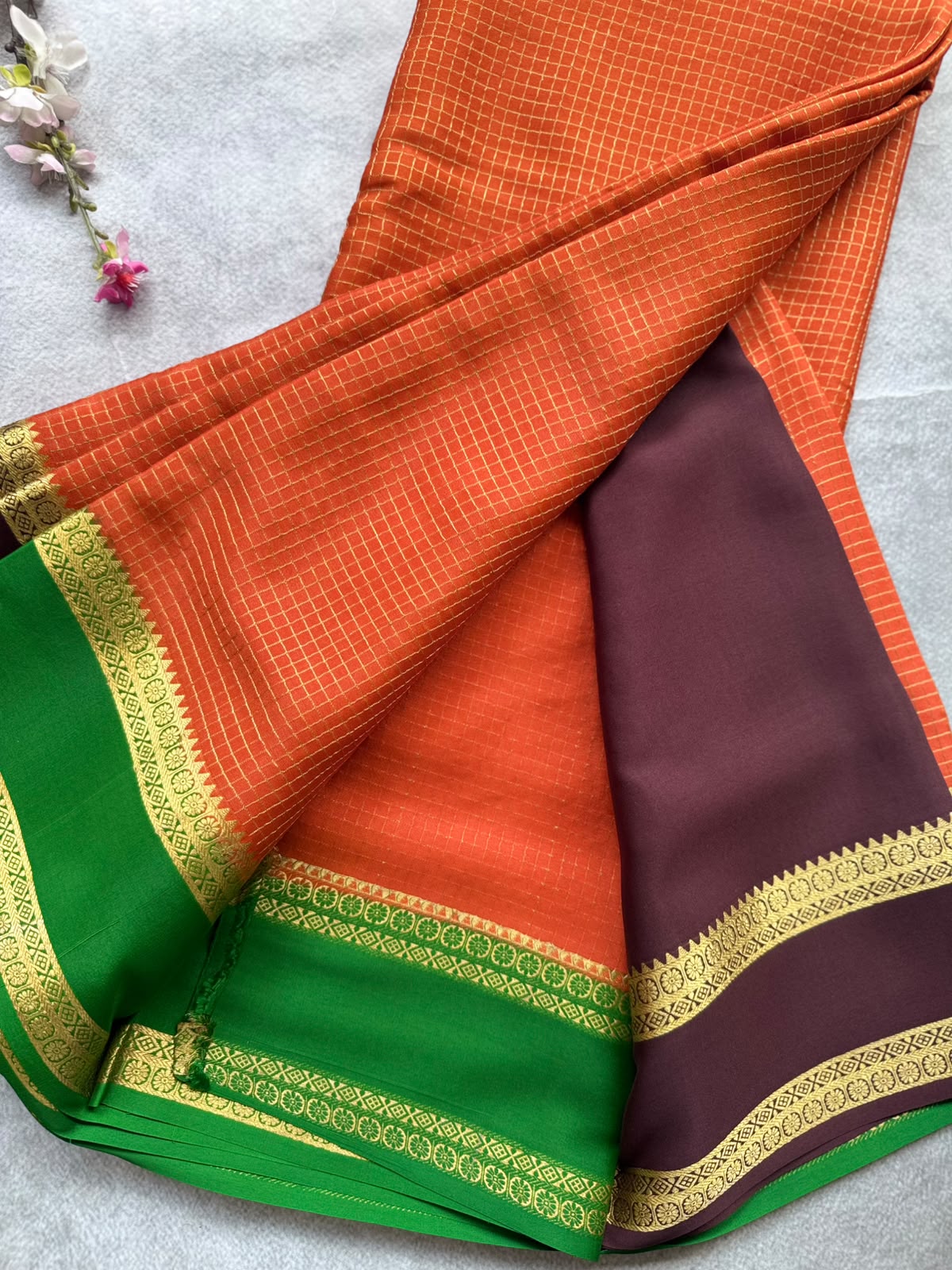 Orange GJ Checks Pure Mysore Crepe Silk Saree 109