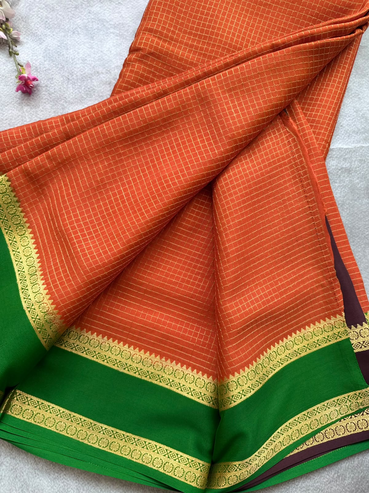 Orange GJ Checks Pure Mysore Crepe Silk Saree 109