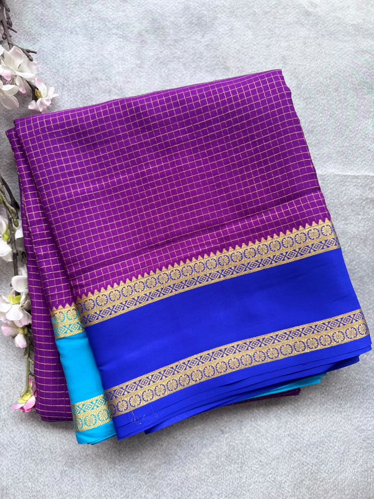 Purple GJ Checks Pure Mysore Crepe Silk Saree 109