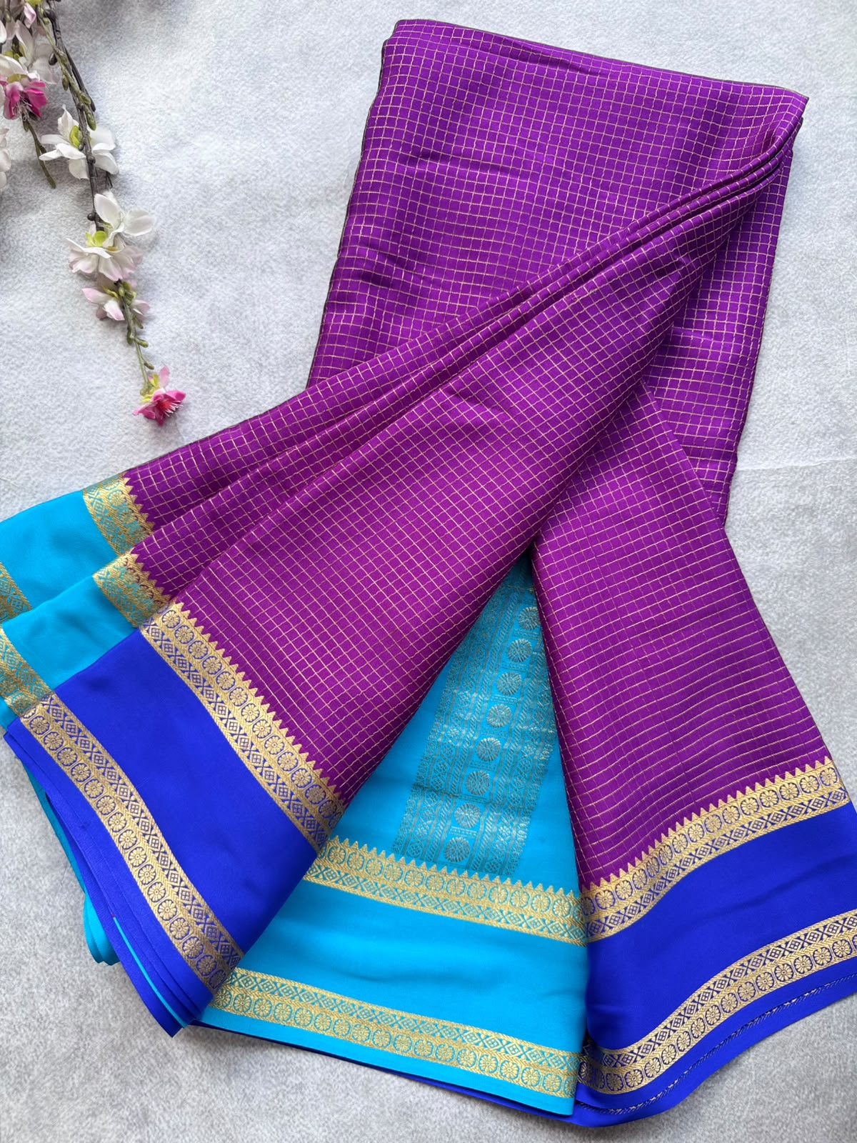 Purple GJ Checks Pure Mysore Crepe Silk Saree 109