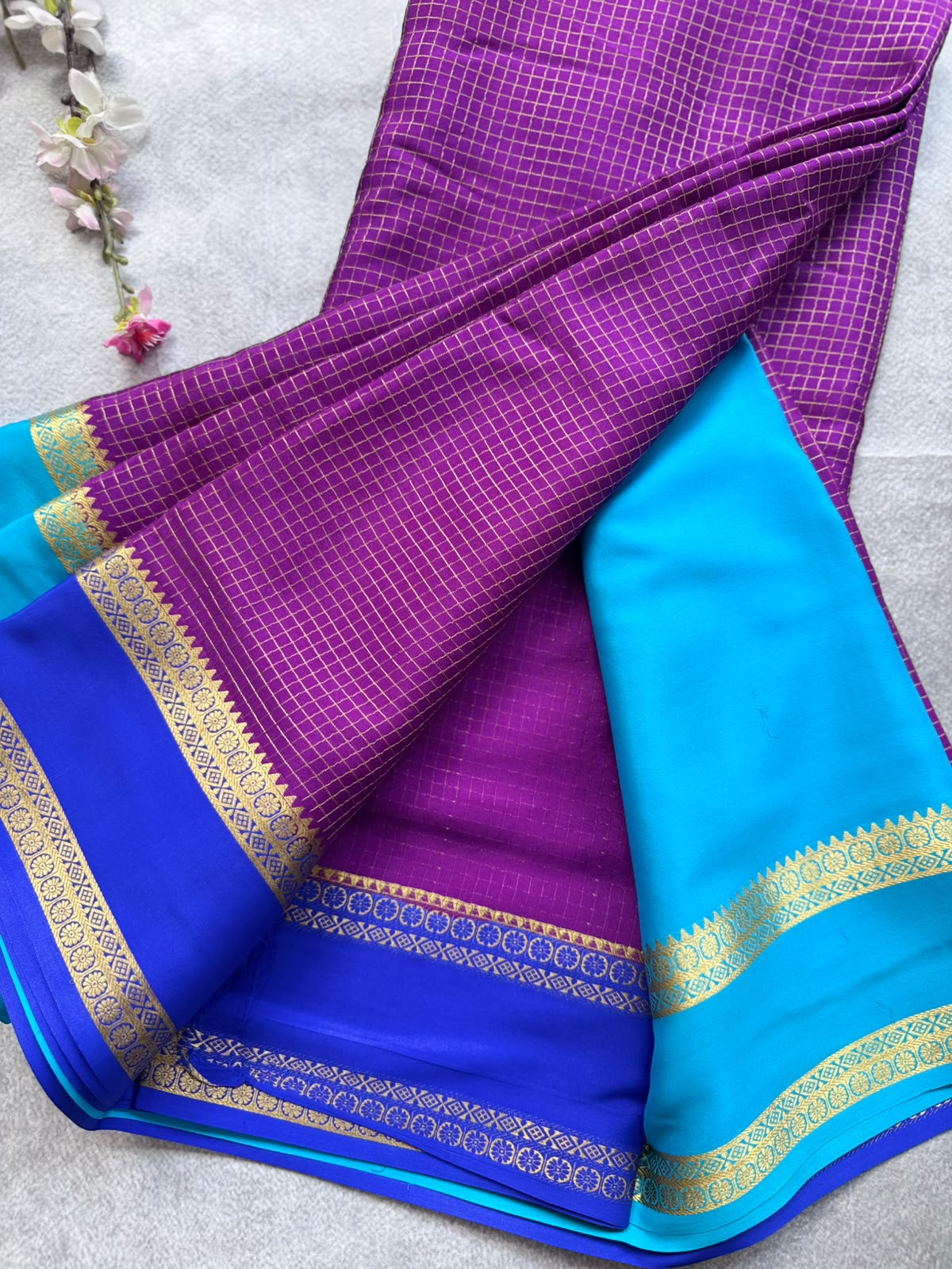 Purple GJ Checks Pure Mysore Crepe Silk Saree 109