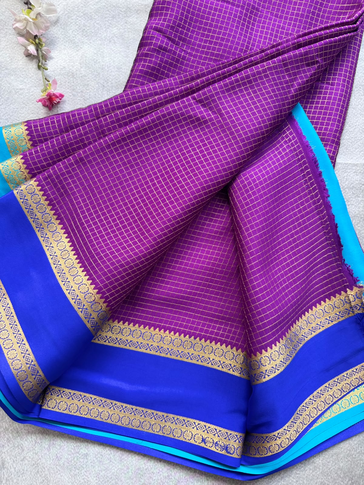 Purple GJ Checks Pure Mysore Crepe Silk Saree 109