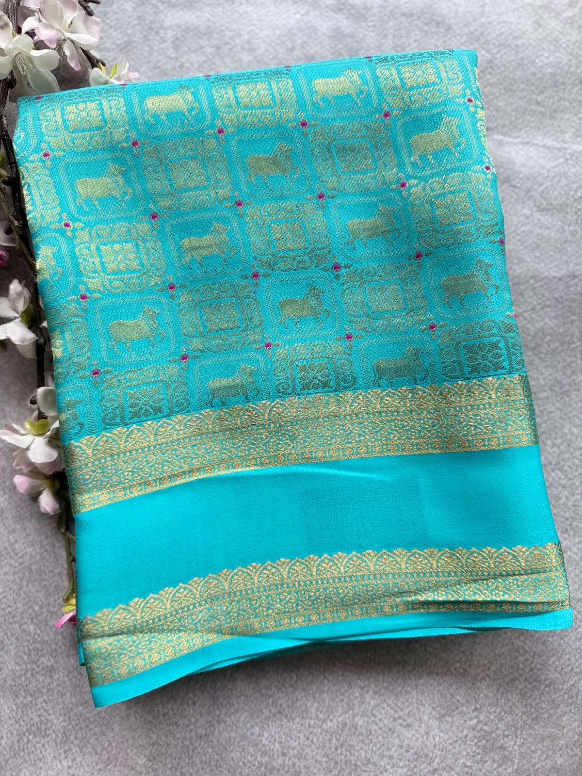 Aqua Blue Brocade Pure Mysore Crepe Silk Saree 109