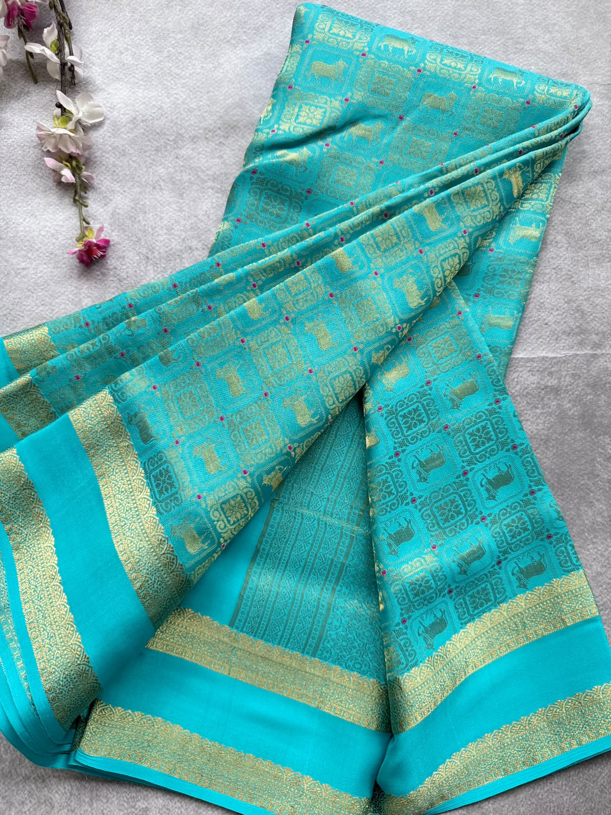 Aqua Blue Brocade Pure Mysore Crepe Silk Saree 109