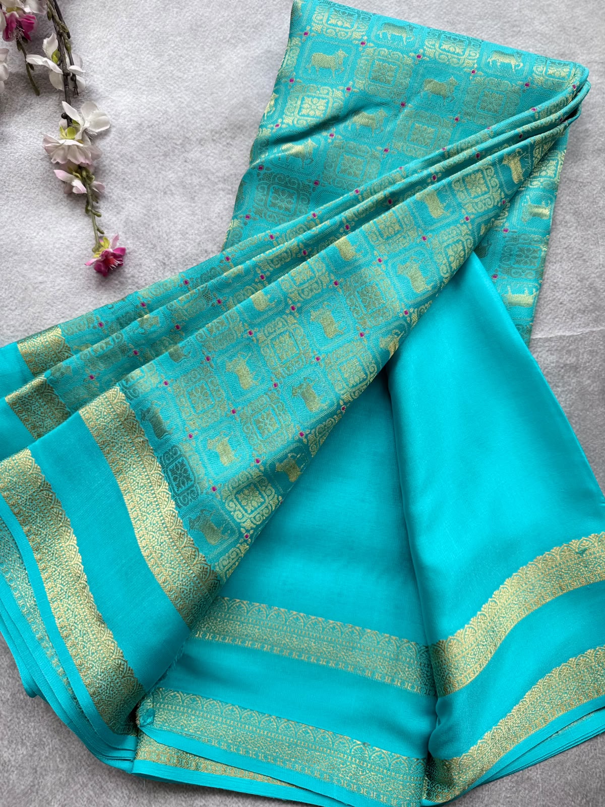 Aqua Blue Brocade Pure Mysore Crepe Silk Saree 109