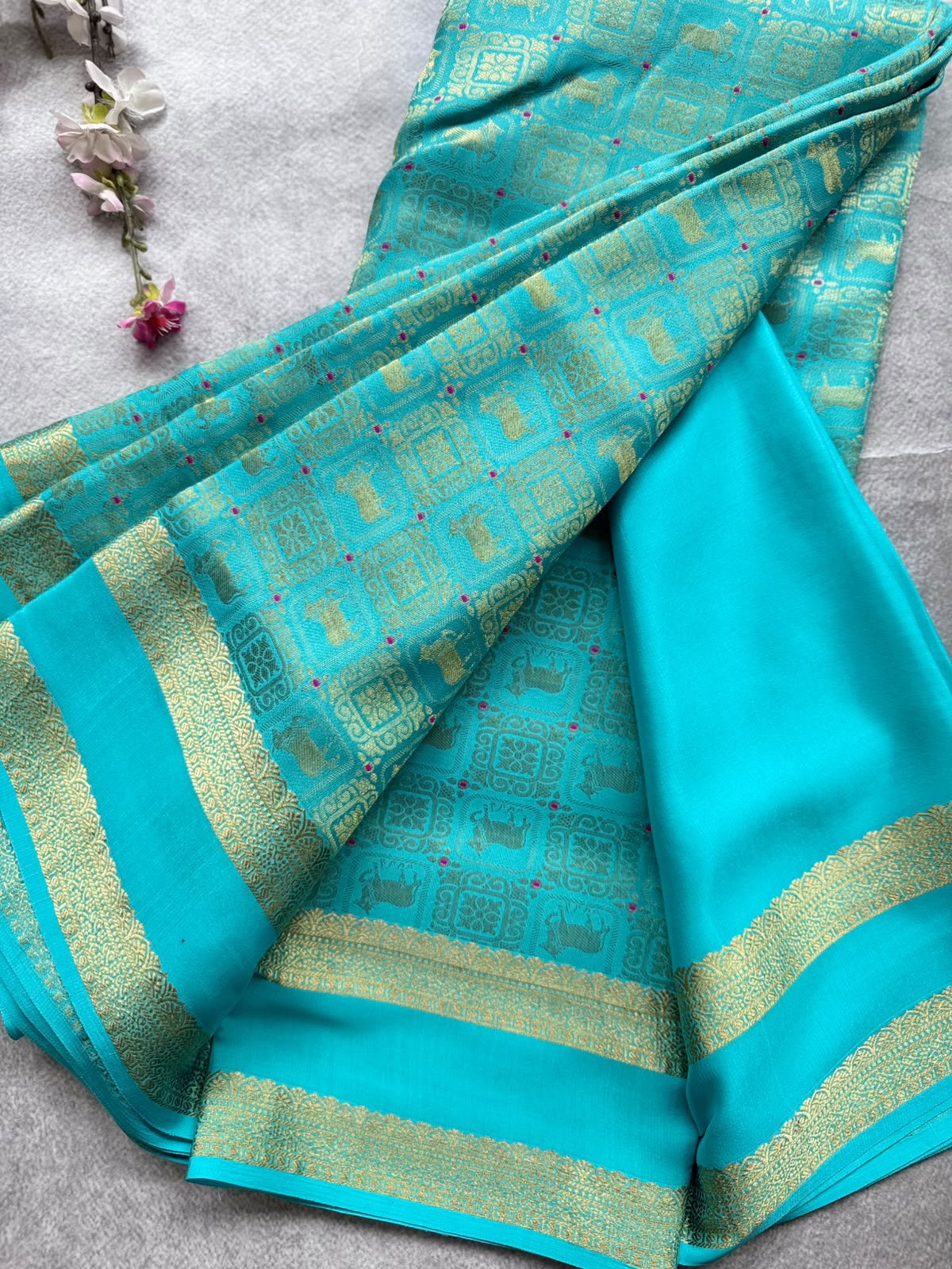 Aqua Blue Brocade Pure Mysore Crepe Silk Saree 109