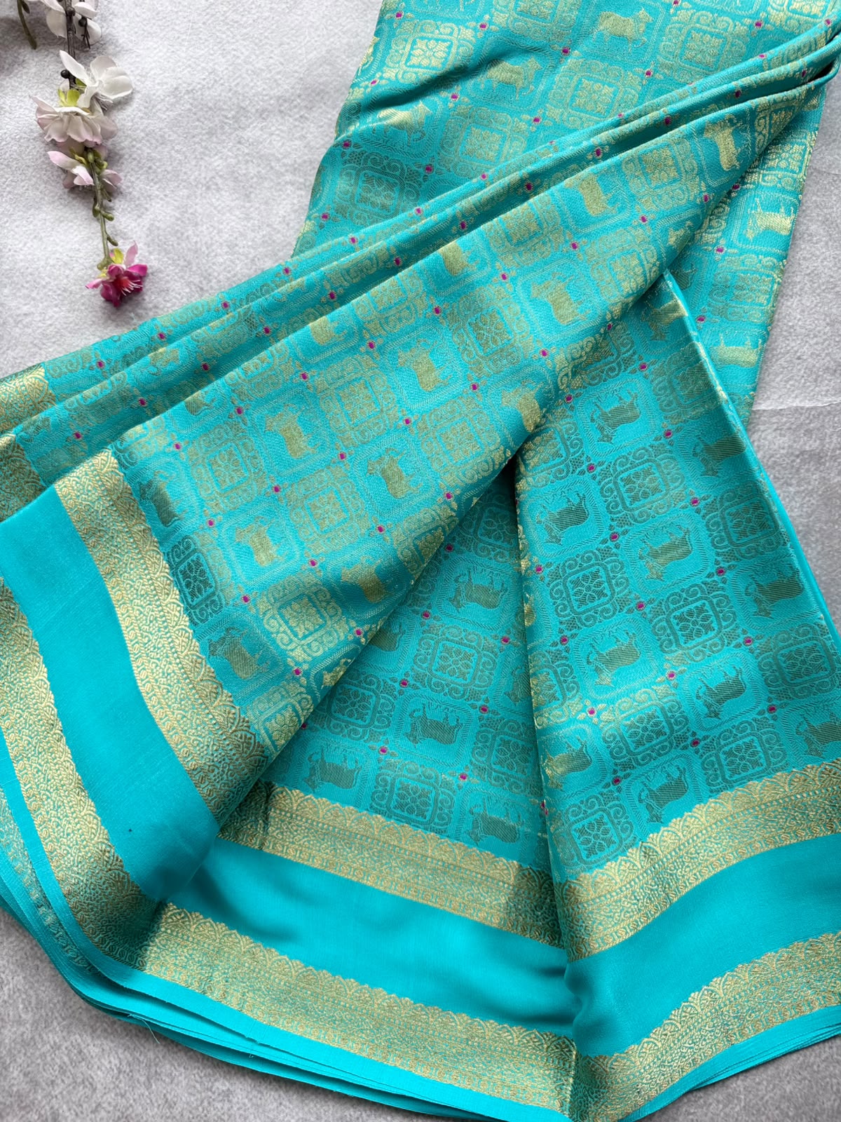 Aqua Blue Brocade Pure Mysore Crepe Silk Saree 109