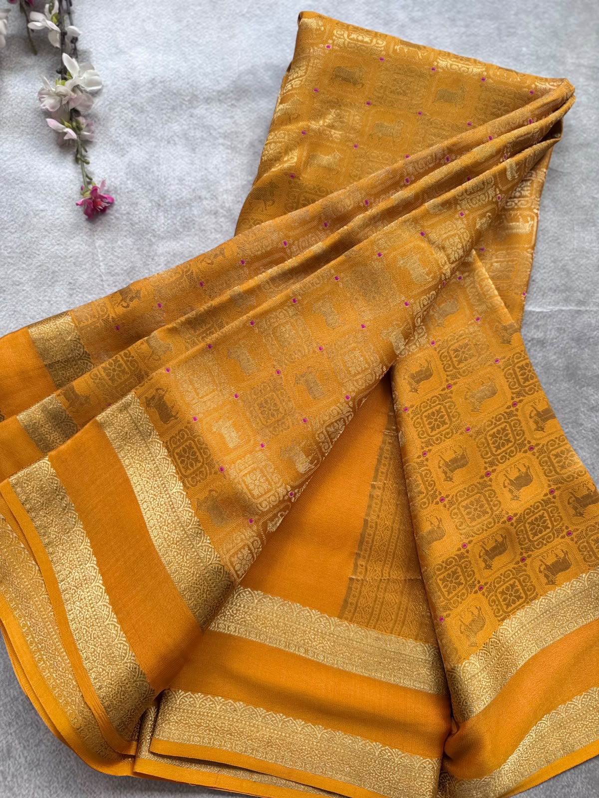 Mustard Brocade Pure Mysore Crepe Silk Saree 109