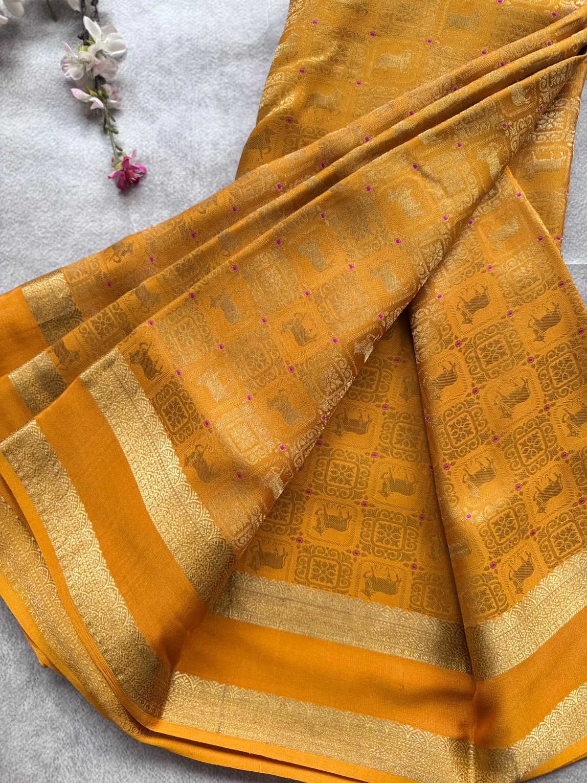 Mustard Brocade Pure Mysore Crepe Silk Saree 109