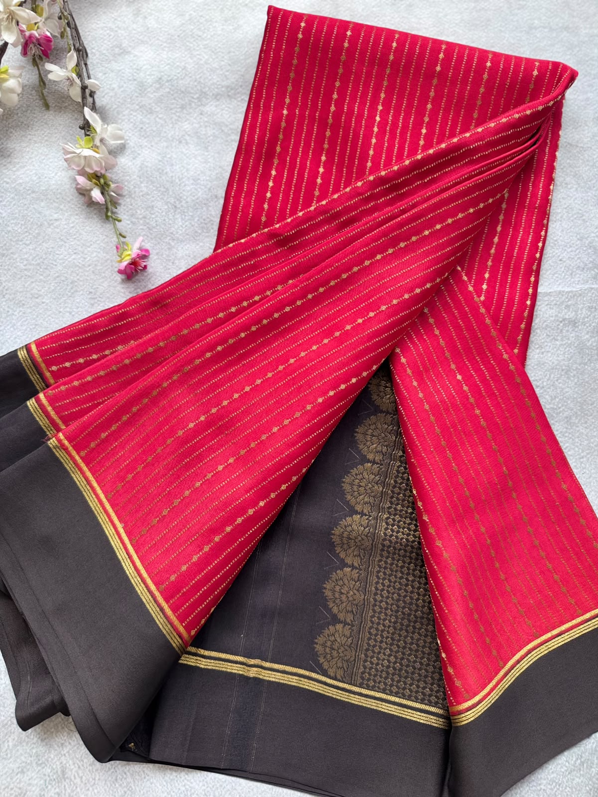 Red Satin Border Pure Mysore Crepe Silk Saree 109