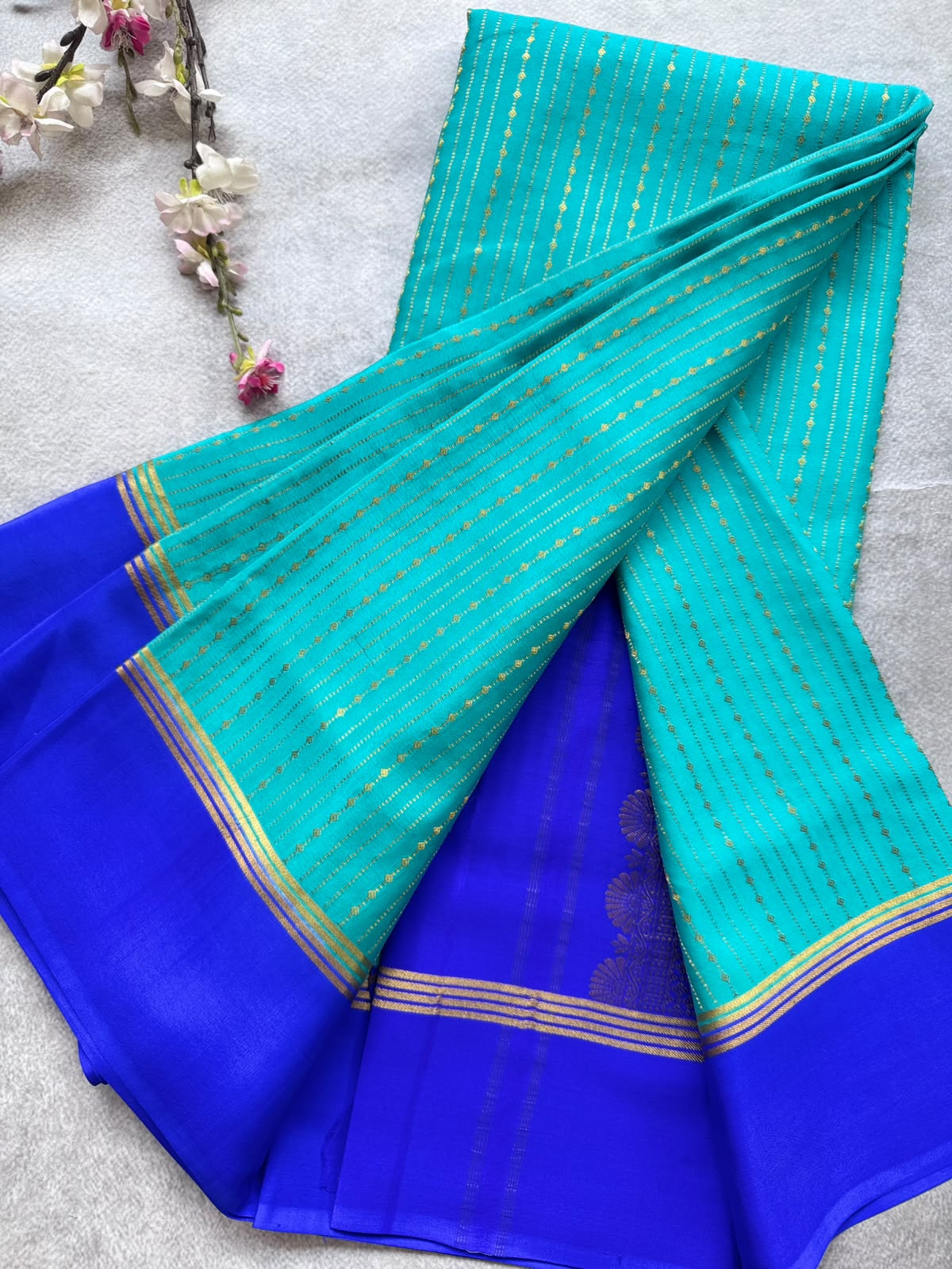 Teal Satin Border Pure Mysore Crepe Silk Saree 109