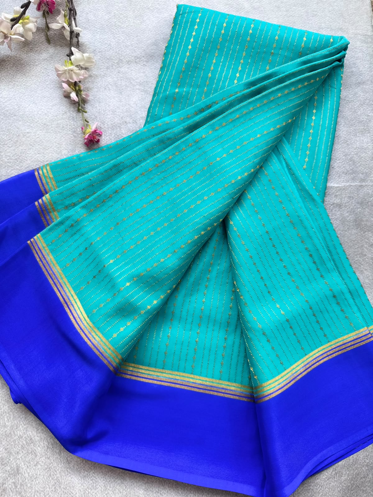 Teal Satin Border Pure Mysore Crepe Silk Saree 109